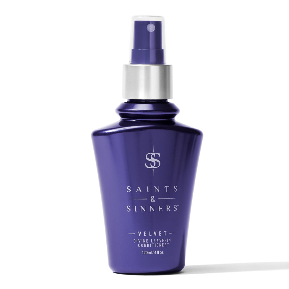 Saints & Sinners Velvet Divine leave-in bottle demonstrates detangling and heat protection