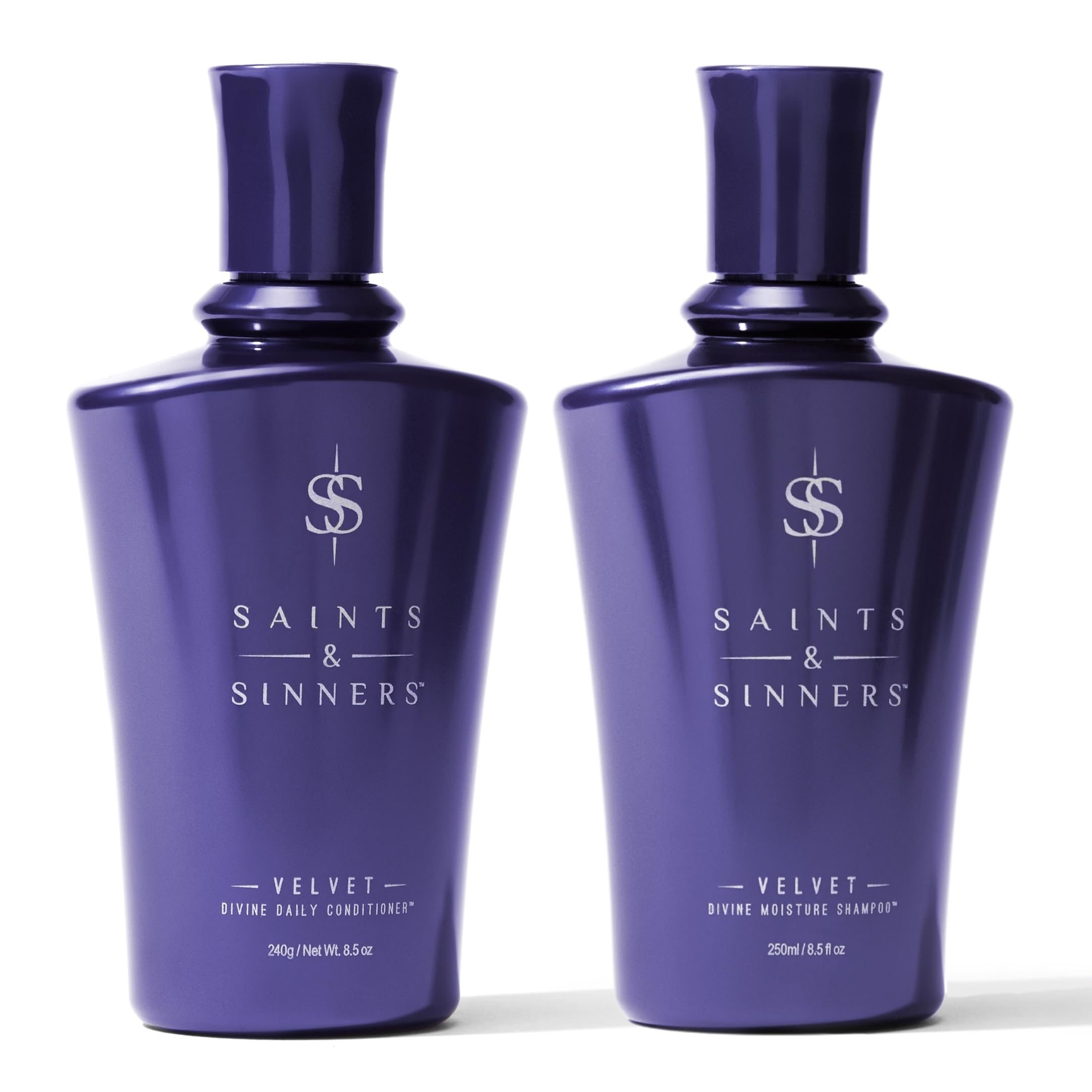 Saints & Sinners Velvet Divine Moisture Shampoo bottle for frizz control and shine.