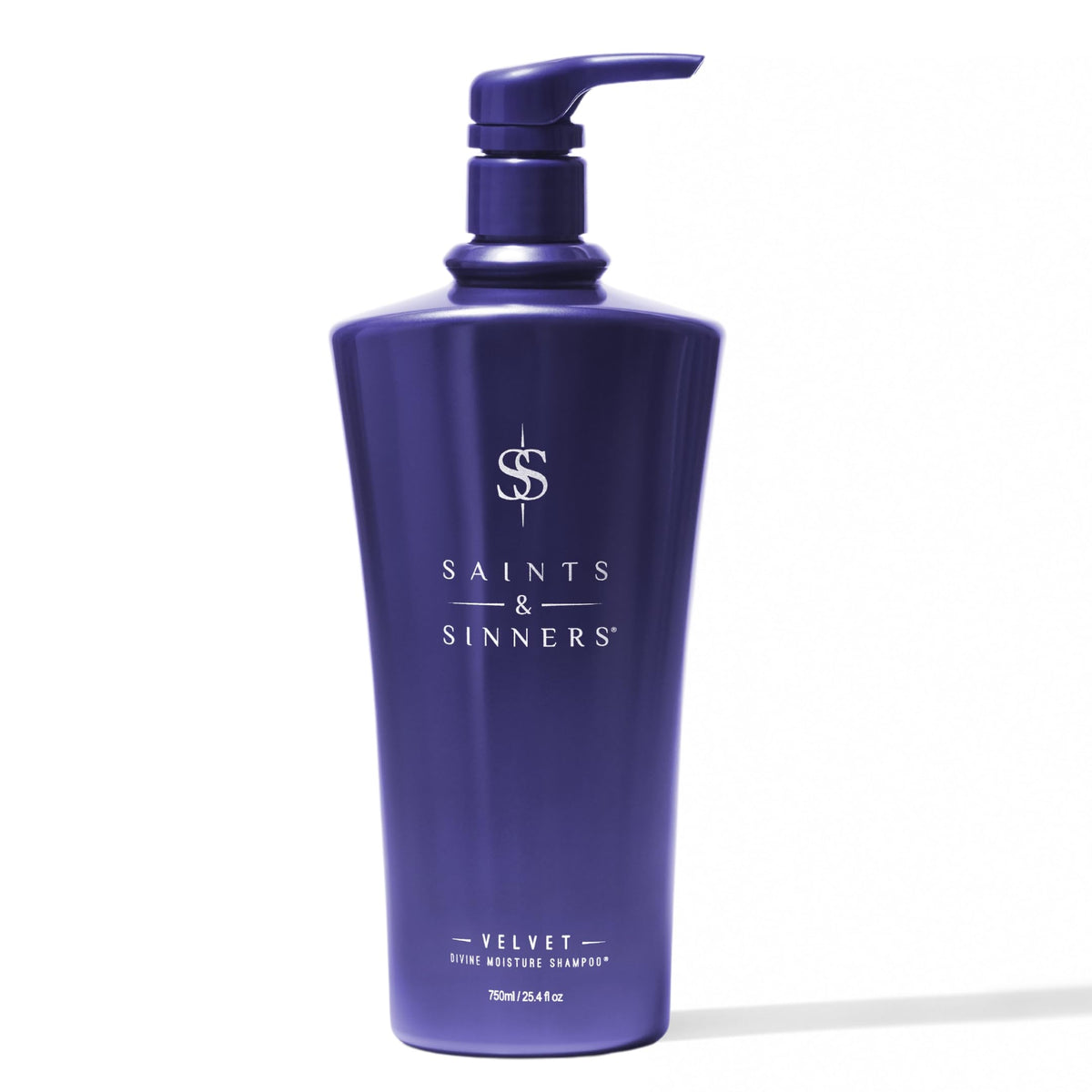 Saints & Sinners Velvet Divine Moisture Shampoo bottle showing luxurious hydration for dry, color-treated hair.