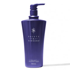 Saints & Sinners Velvet Divine Moisture Shampoo bottle showing luxurious hydration for dry, color-treated hair.
