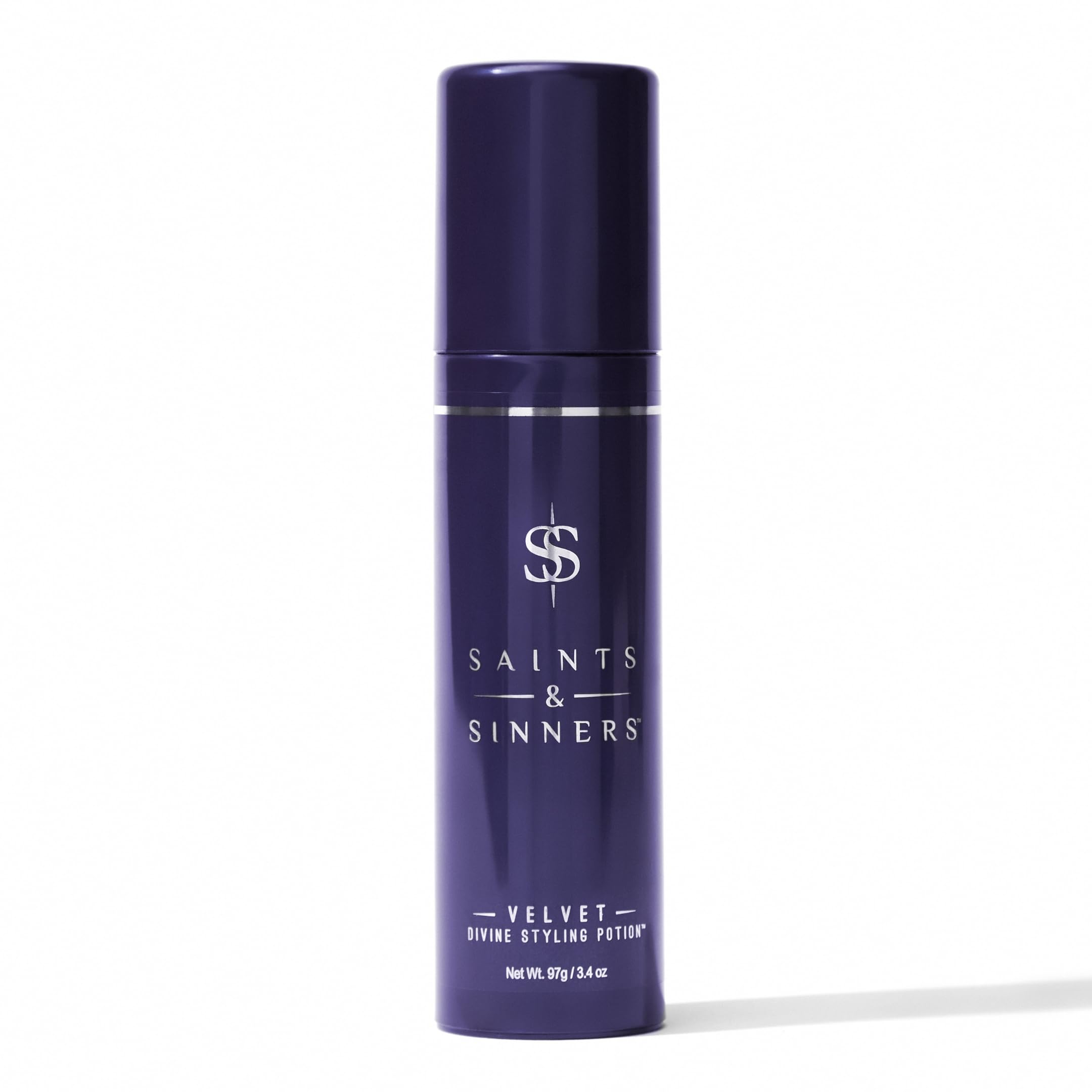 Saints & Sinners Velvet Divine bottle showing premium styling potion for smooth, frizz-free hair