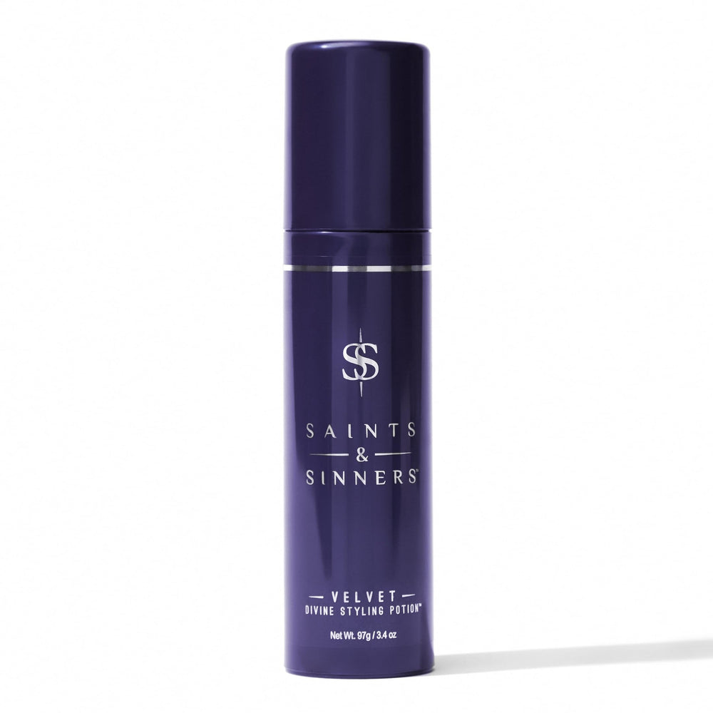 Saints & Sinners Velvet Divine bottle showing premium styling potion for smooth, frizz-free hair