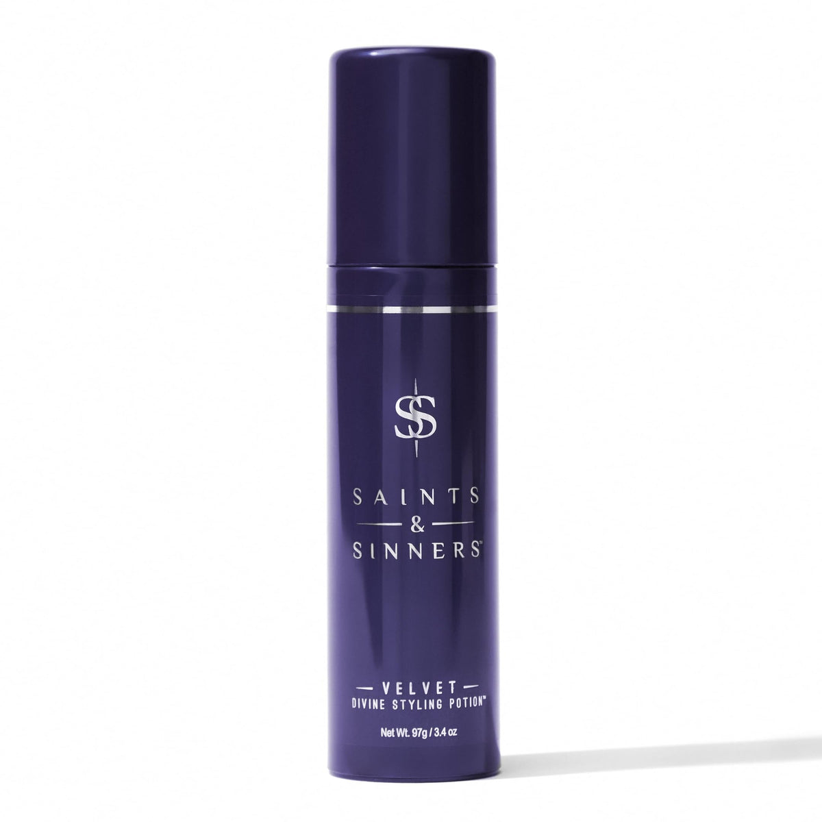 Saints & Sinners Velvet Divine bottle showing premium styling potion for smooth, frizz-free hair