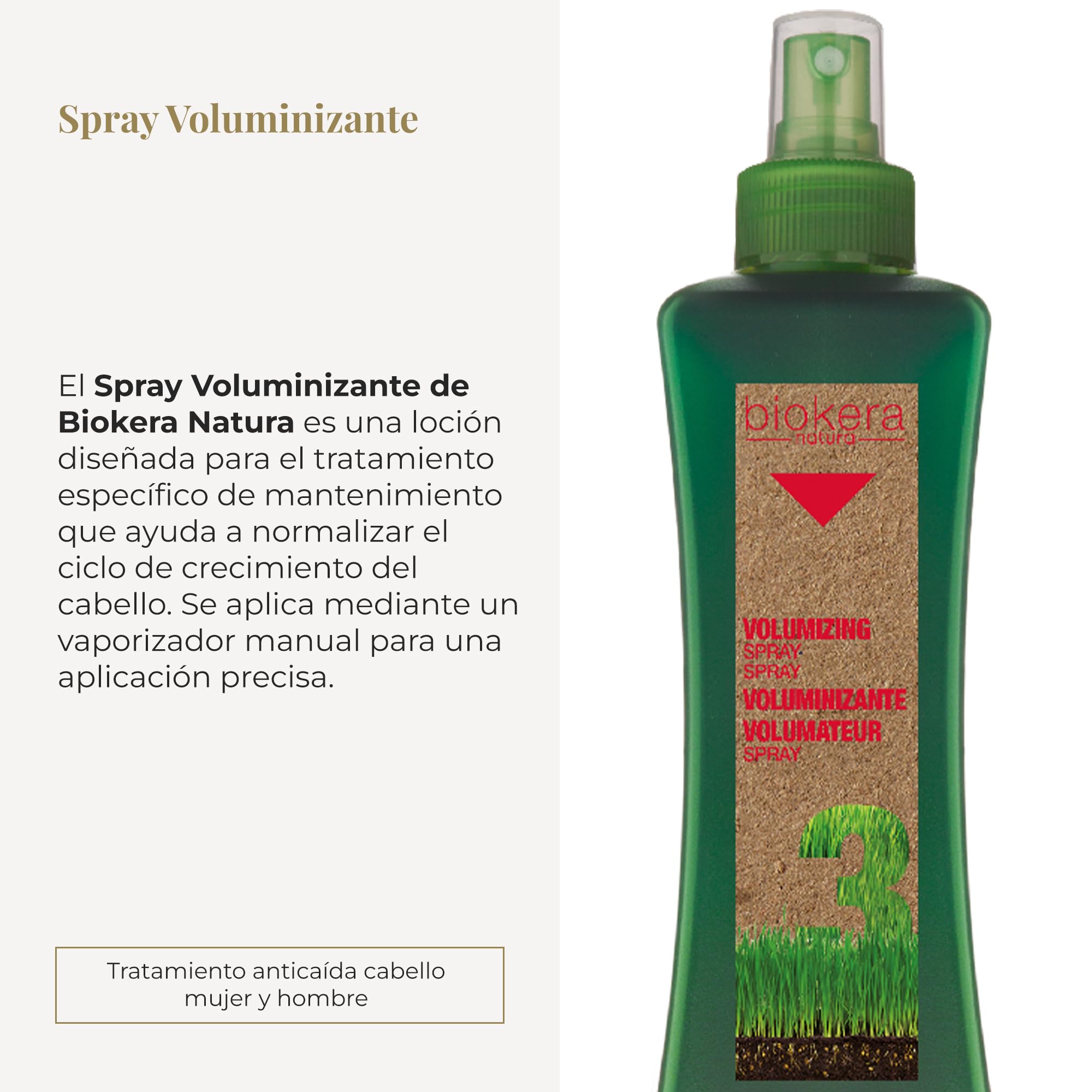 Salerm Biokera Natura Volume Spray application scene demonstrating scalp massage