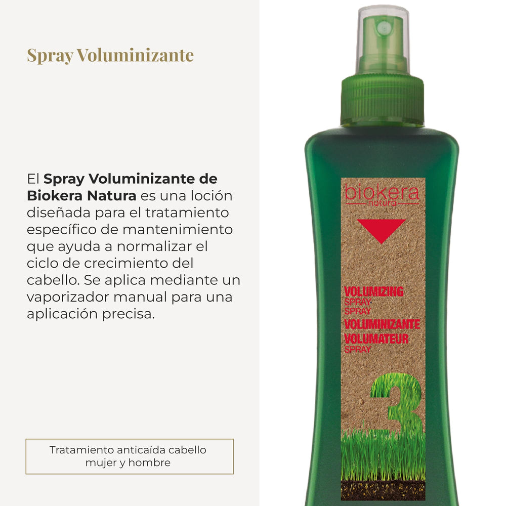 Salerm Biokera Natura Volume Spray application scene demonstrating scalp massage
