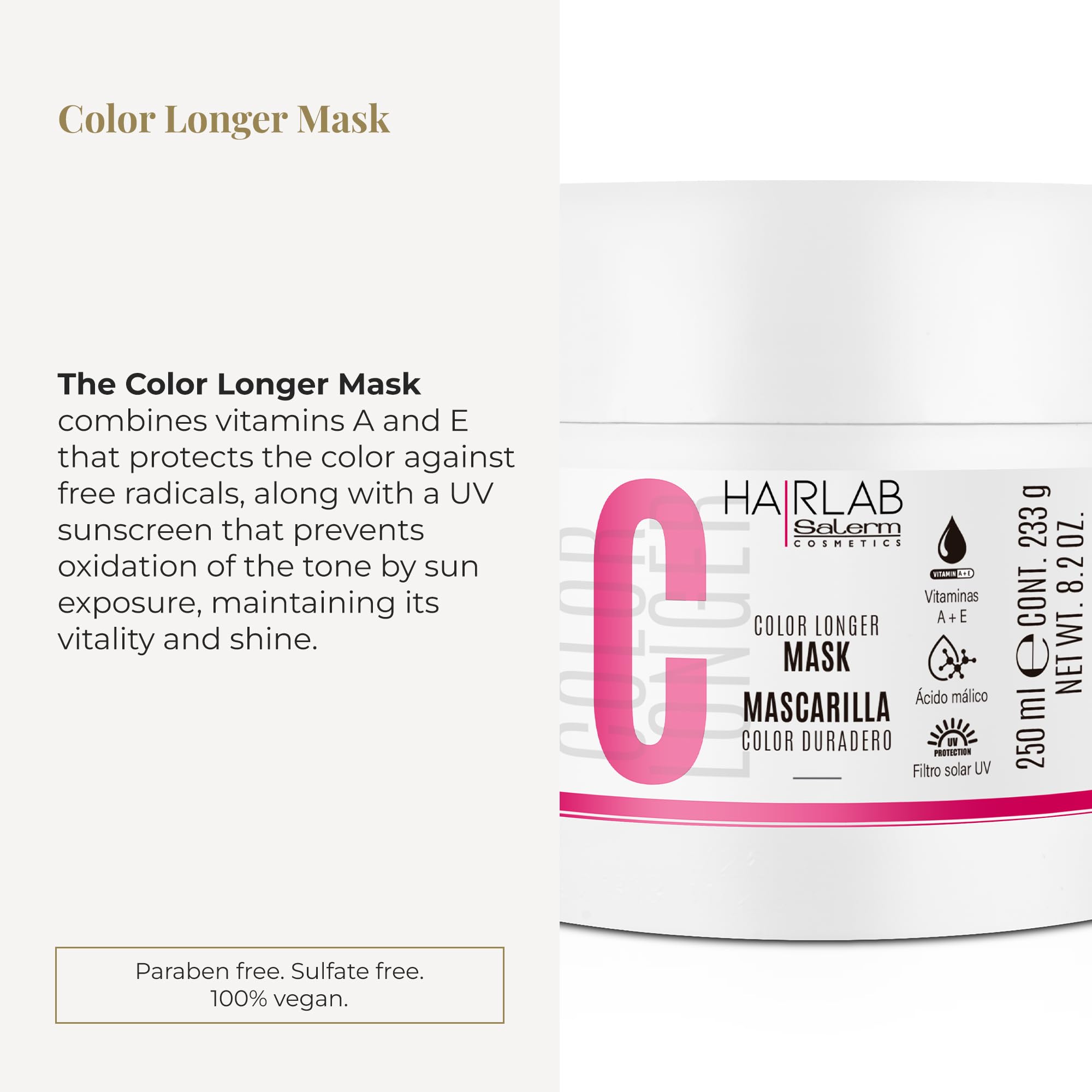 SALERM Color Longer packaging close-up highlighting UV filter and color protection.