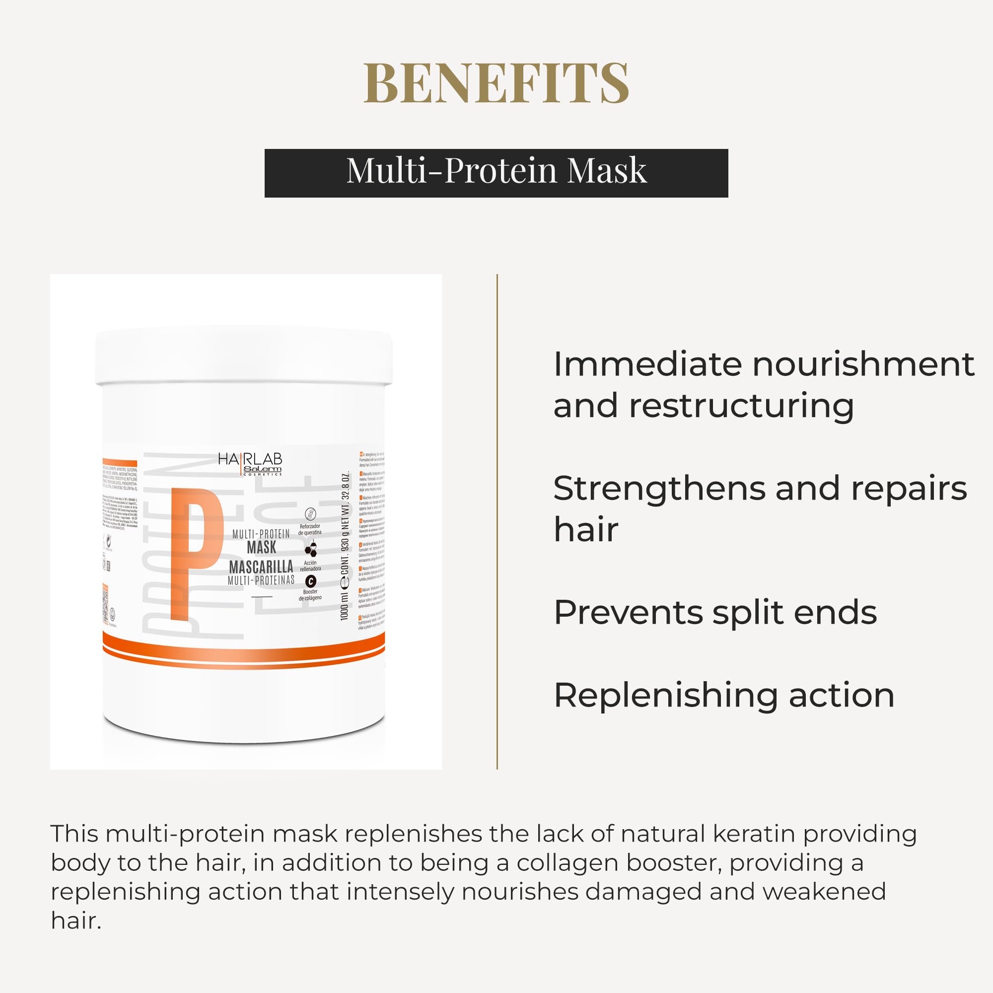 SALERM damaged hair mask ingredient highlight hydrolyzed keratin for stronger hair.