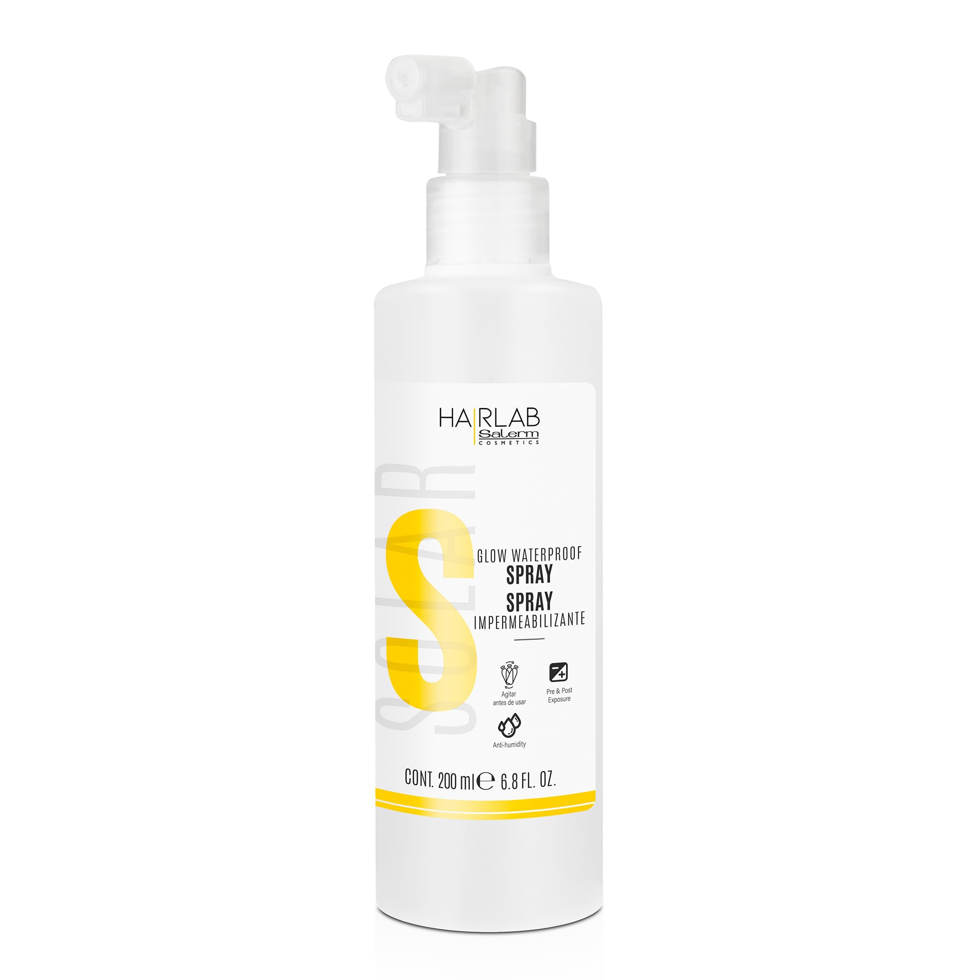 SALERM Hair Lab Solar waterproof repair spray bottle showing protective shine and heat defense