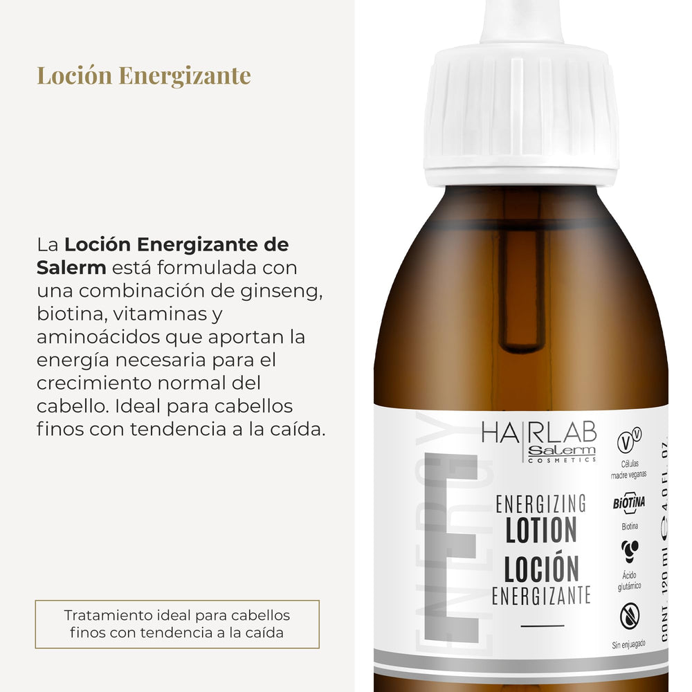 SALERM Hairlab Energizing Lotion application—easy pump for quick, no-rinse routine.