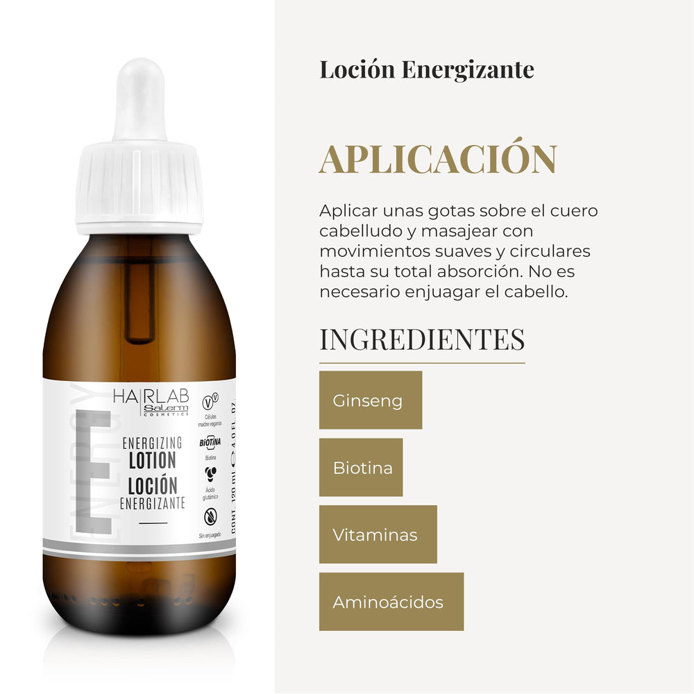 SALERM Hairlab Energizing Lotion label—vegan stem cells and glutamic acid for fiber strength.