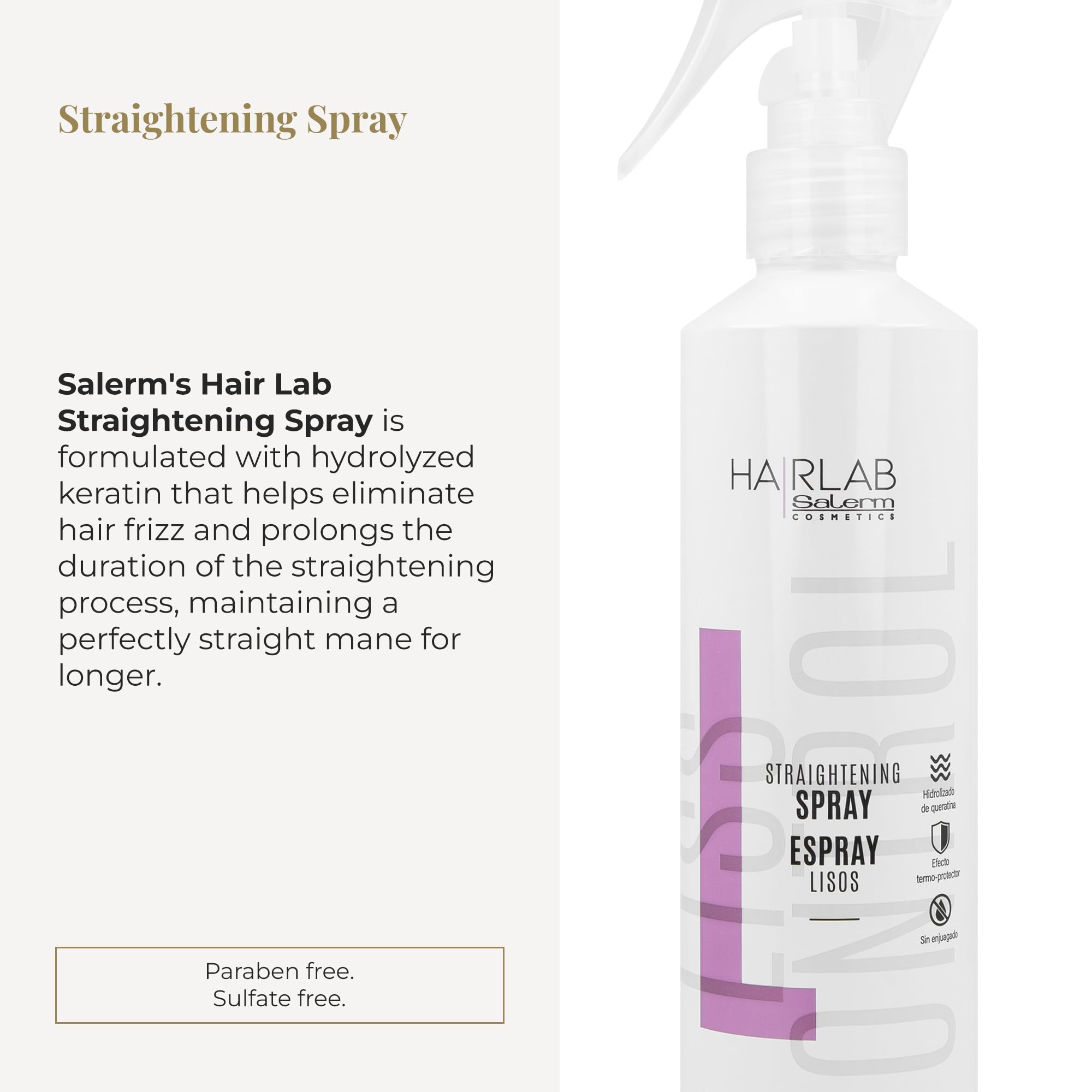 Salerm Lisos Hair Lab smoothing spray applied on damp hair for easy blow-dry.