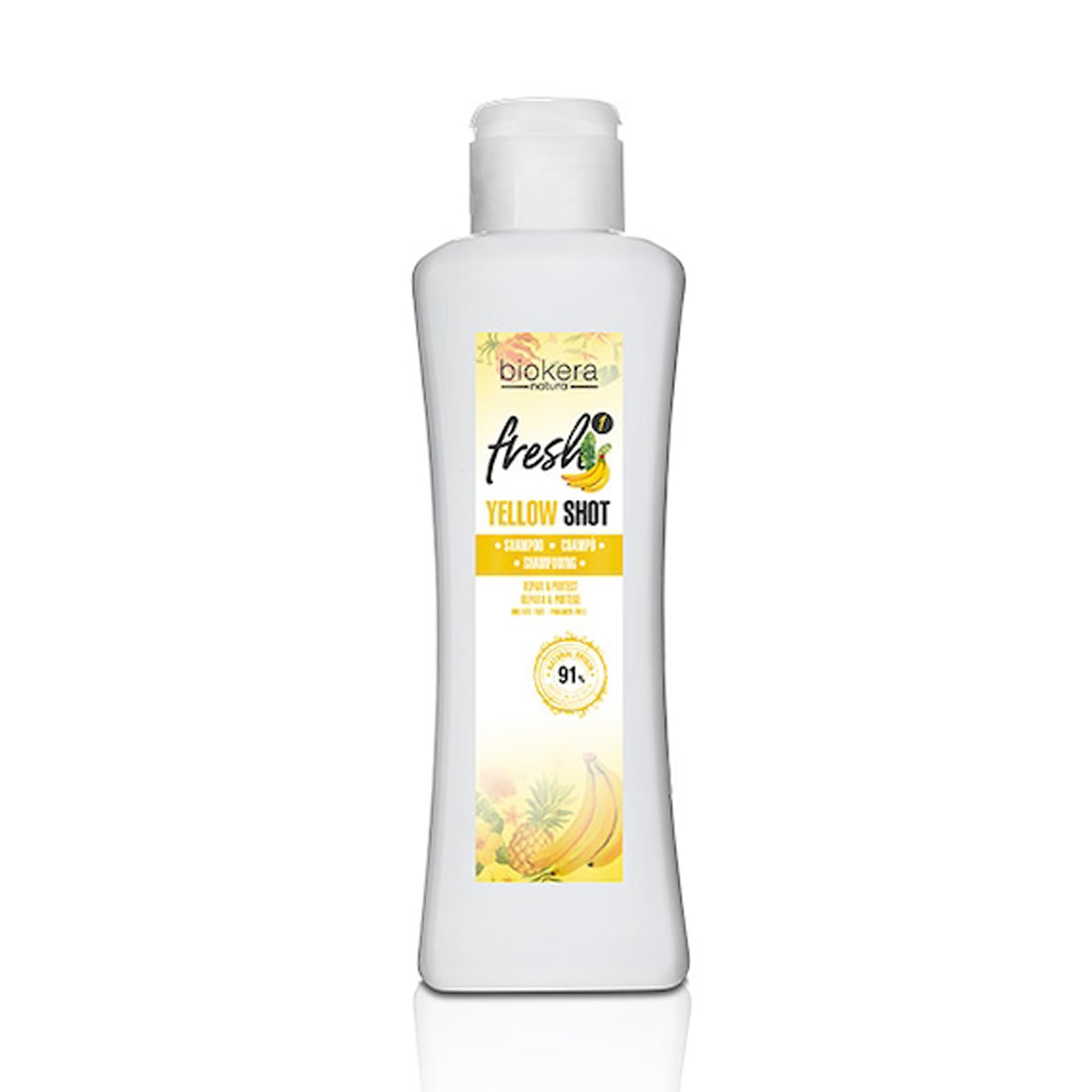 SALERM Repair Shampoo Yellow Shot bottle showing nourishing formula for shiny, frizz-free hair.
