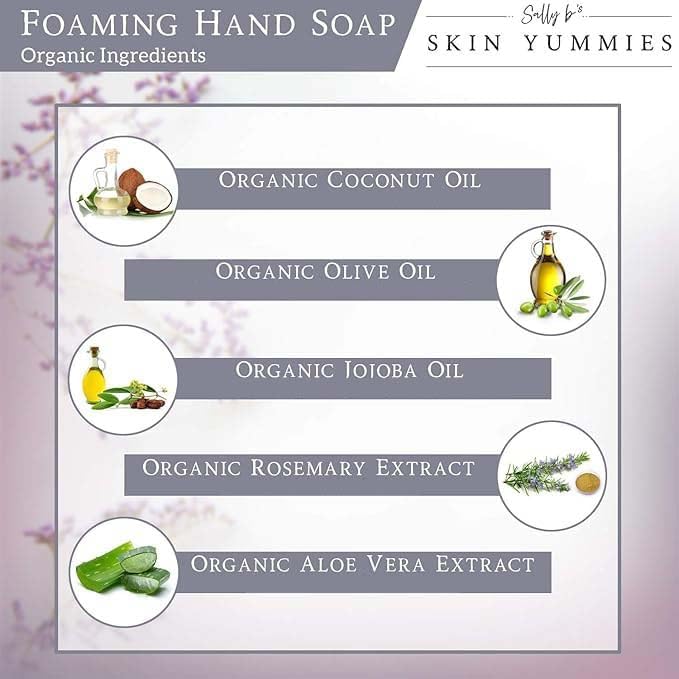 Sally B's Lavender Foaming Hand Soap foamy-lather close-up highlights airy foam and skin-friendly cleansing.