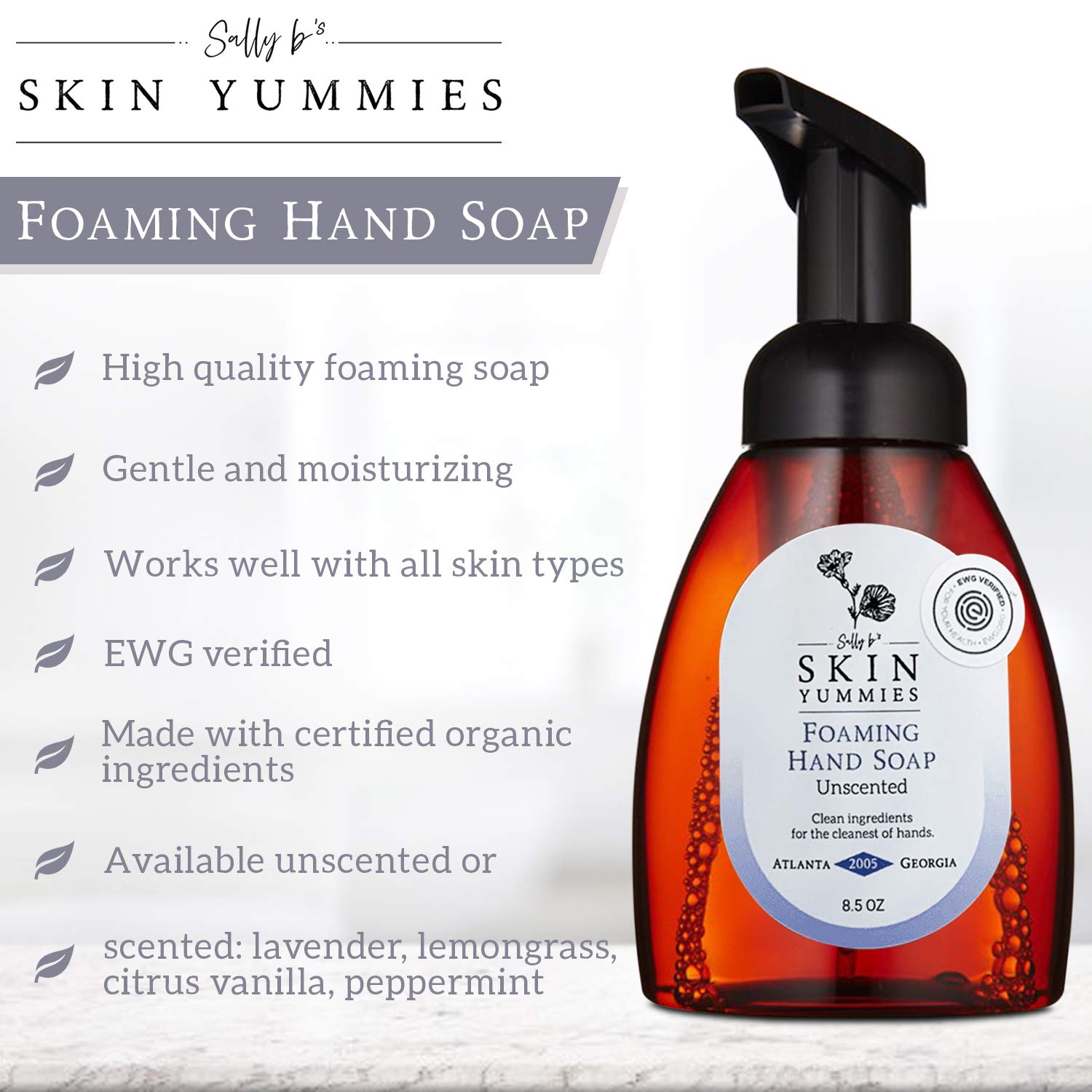 Sally B's Lavender Foaming Hand Soap pump-dispense image illustrates easy, mess-free hand washing.