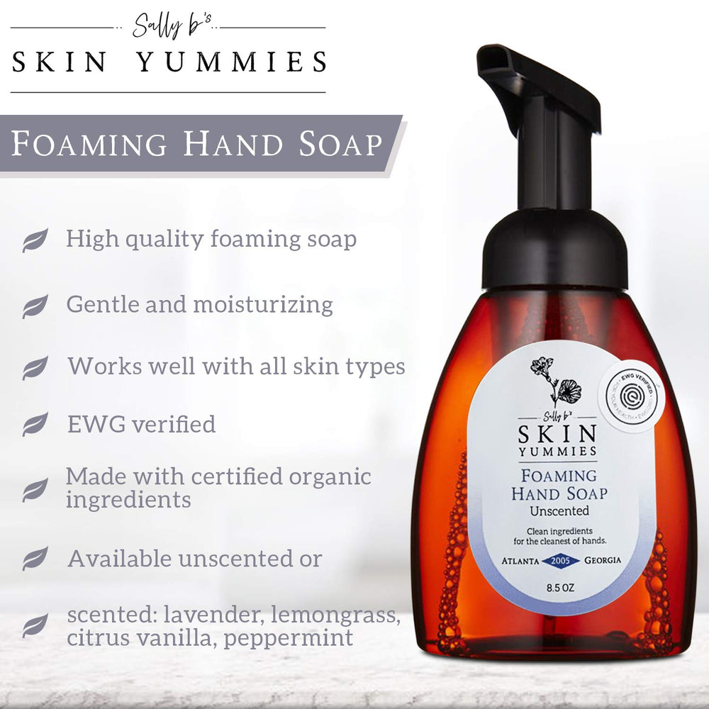 Sally B's Lavender Foaming Hand Soap pump-dispense image illustrates easy, mess-free hand washing.