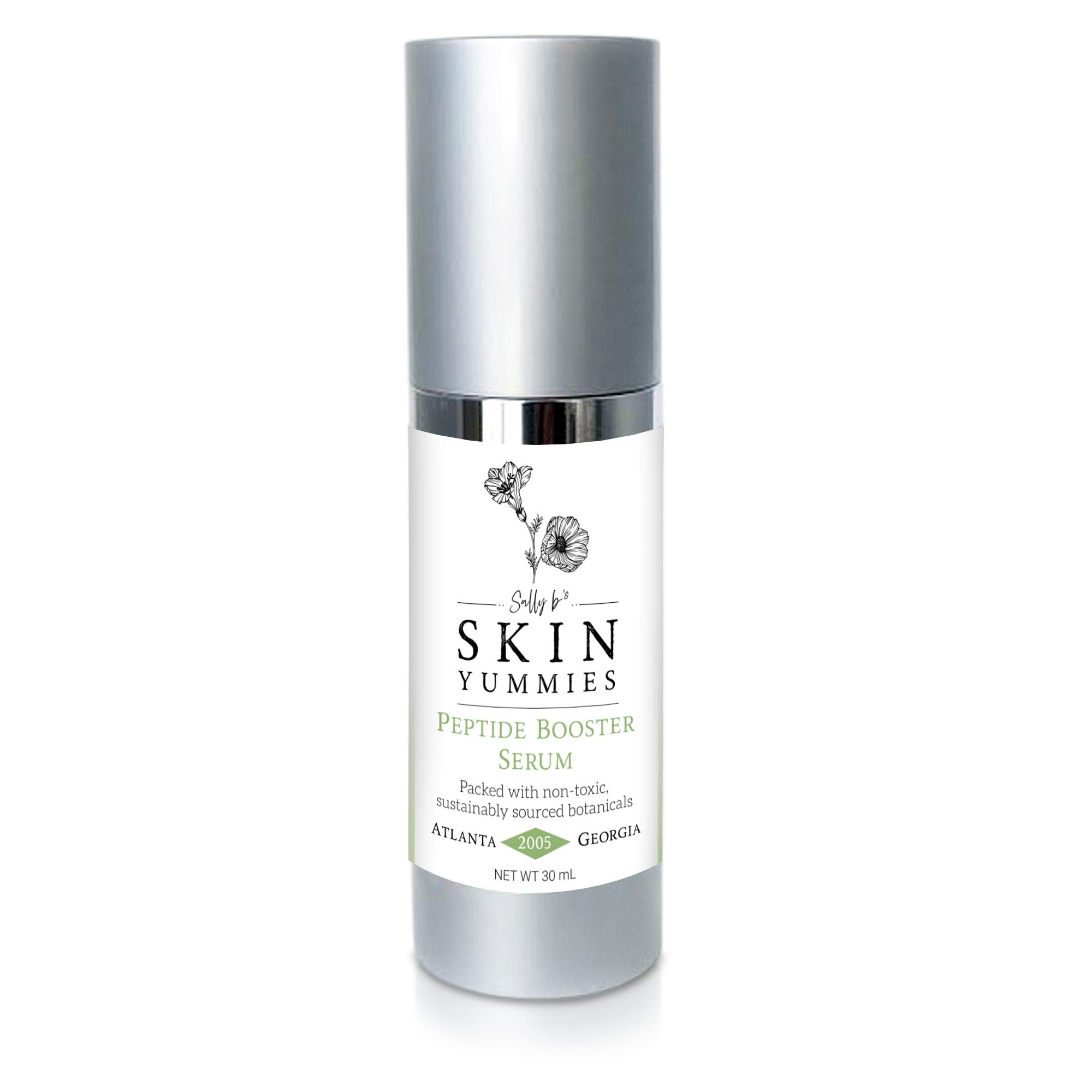 Sally B's Peptide Booster Serum bottle front for oil-free hydration on all skin types.