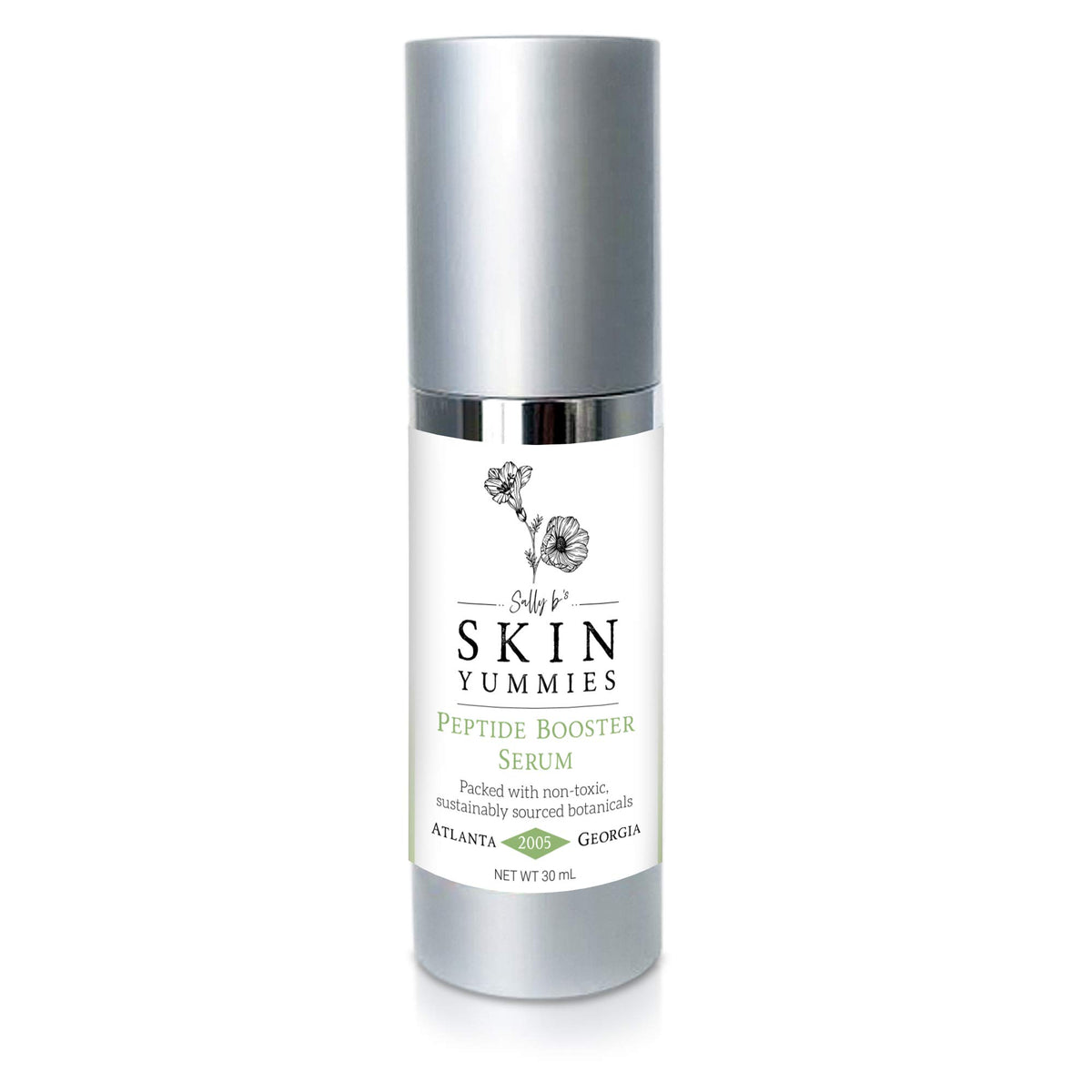 Sally B's Peptide Booster Serum bottle front for oil-free hydration on all skin types.