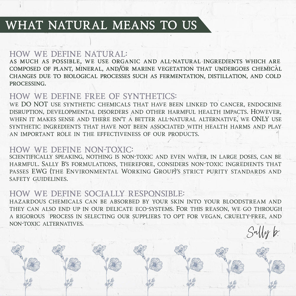 Natural ingredients emphasis in Sally B's Tamanu Cleanser.