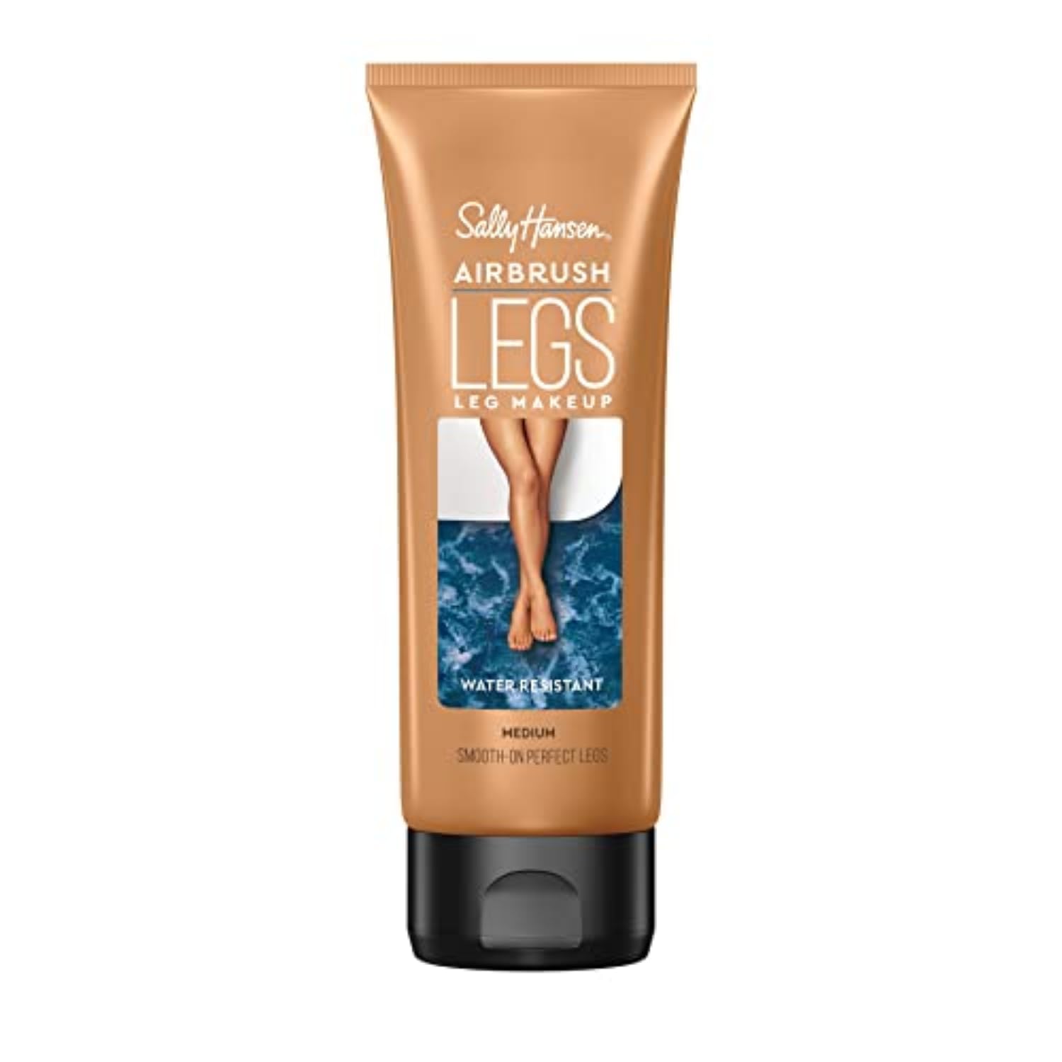 Sally Hansen Airbrush Legs medium bottle pump demonstrates quick-drying leg makeup for a seamless finish.