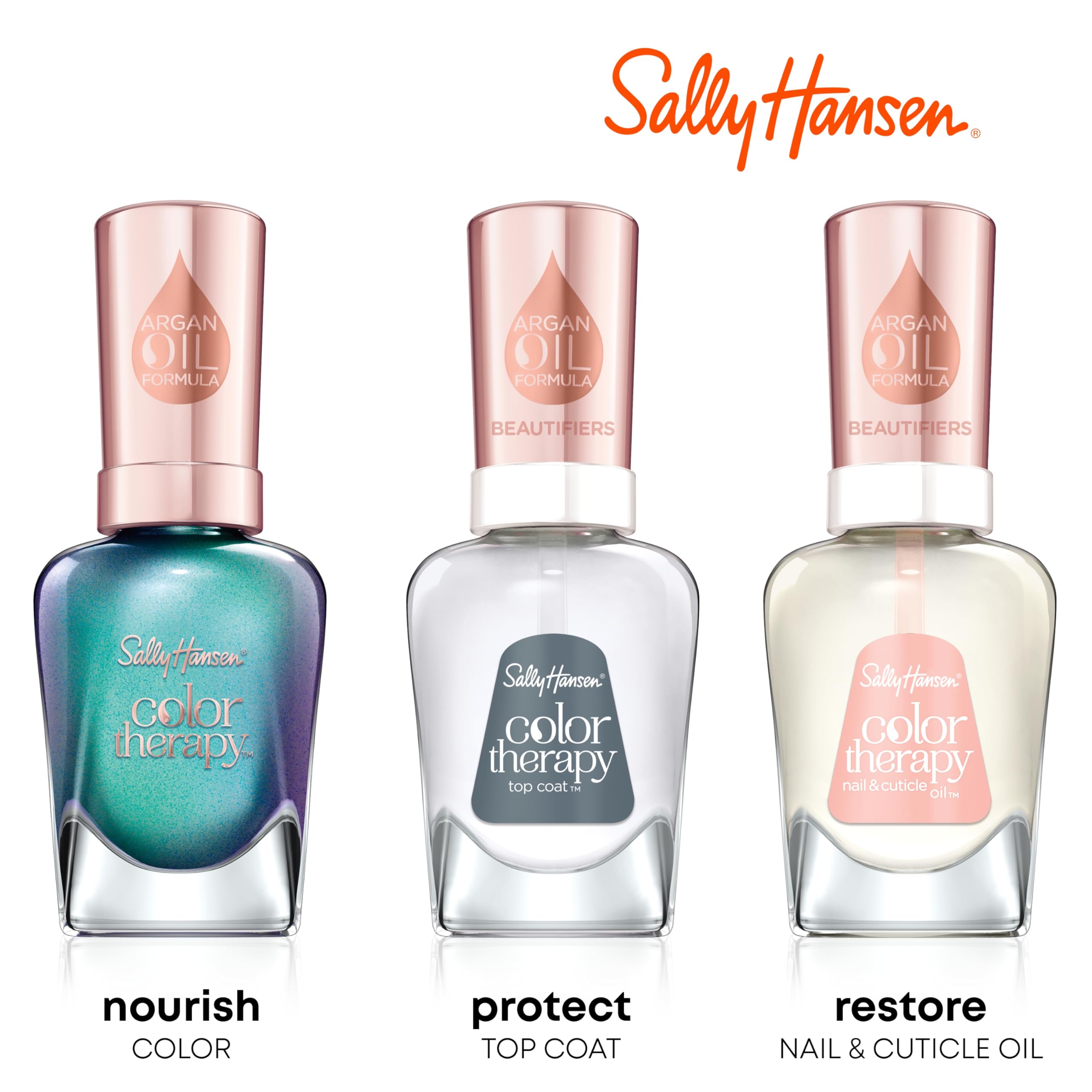 Sally Hansen Color Therapy nails under bright light show shimmer.