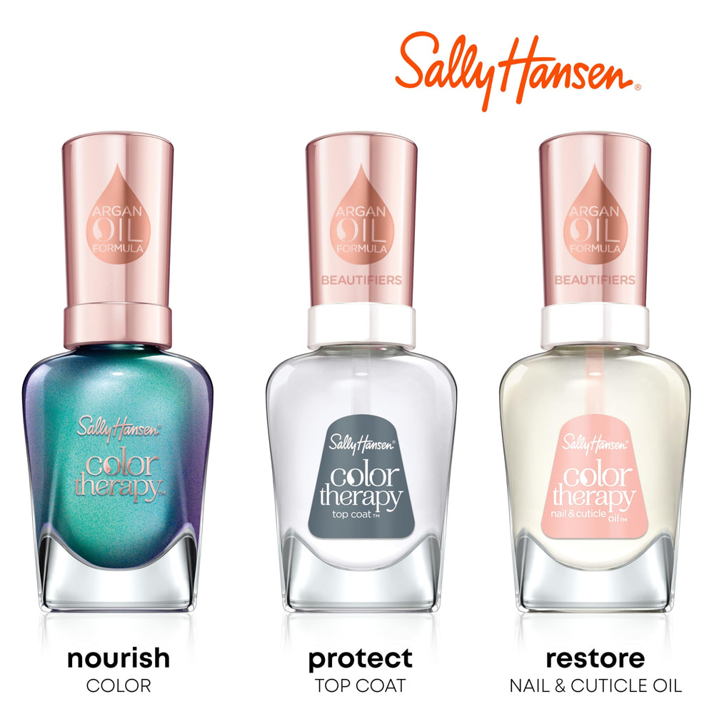 Sally Hansen Color Therapy nails under bright light show shimmer.