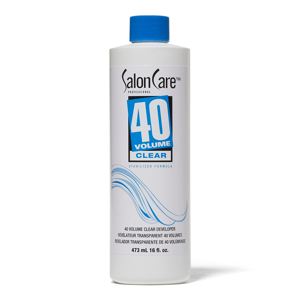 Salon Care 40 Volume developer bottle close-up highlighting lift potential.