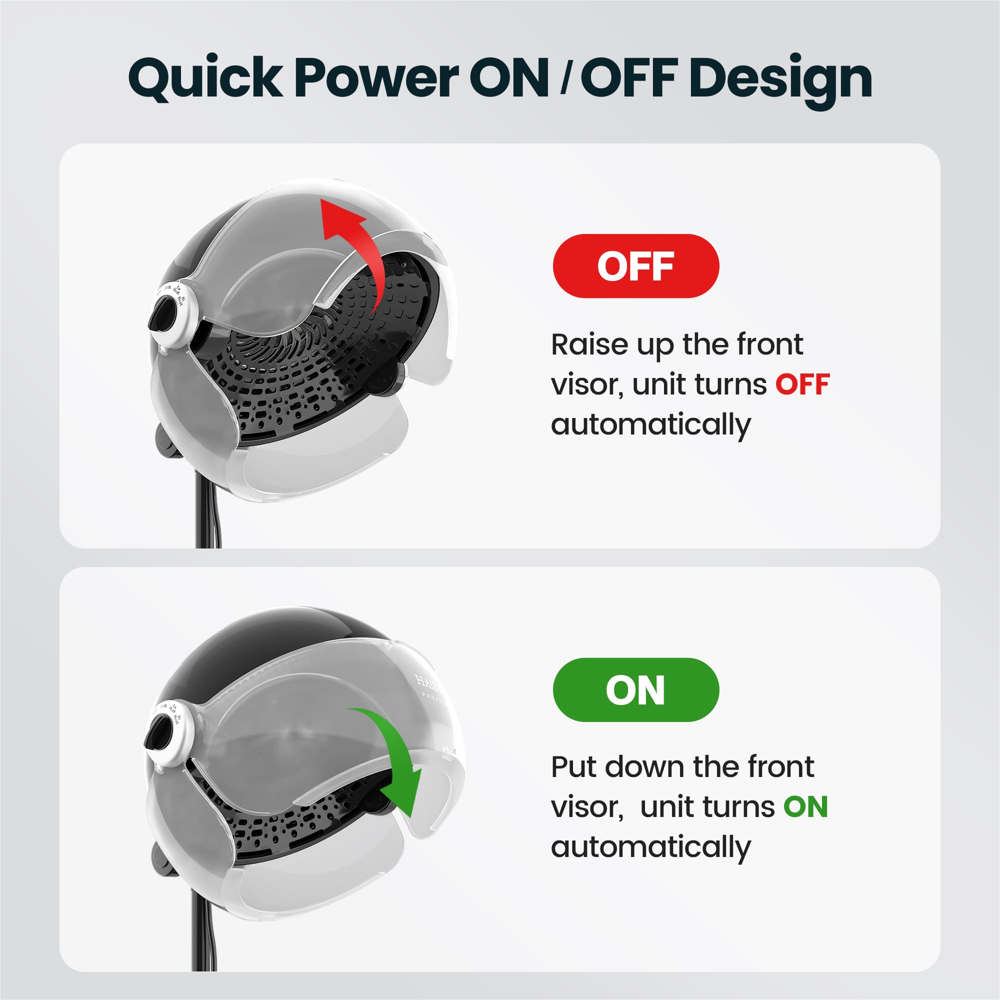 SalonDepot hooded dryer side profile showcasing height adjustability and rolling wheels for mobility.