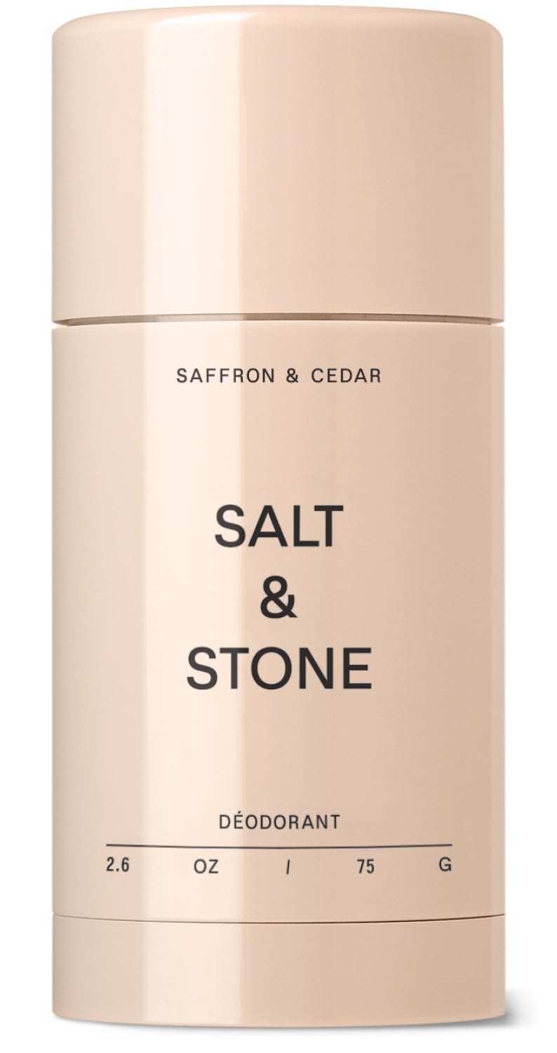 Salt & Stone aluminum free deodorant front view highlights compact packaging for on-the-go protection.