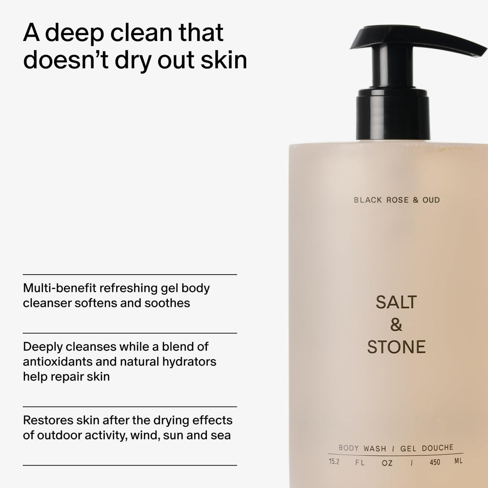 Salt & Stone award-winning formula bottle shown in a bright bathroom setting.