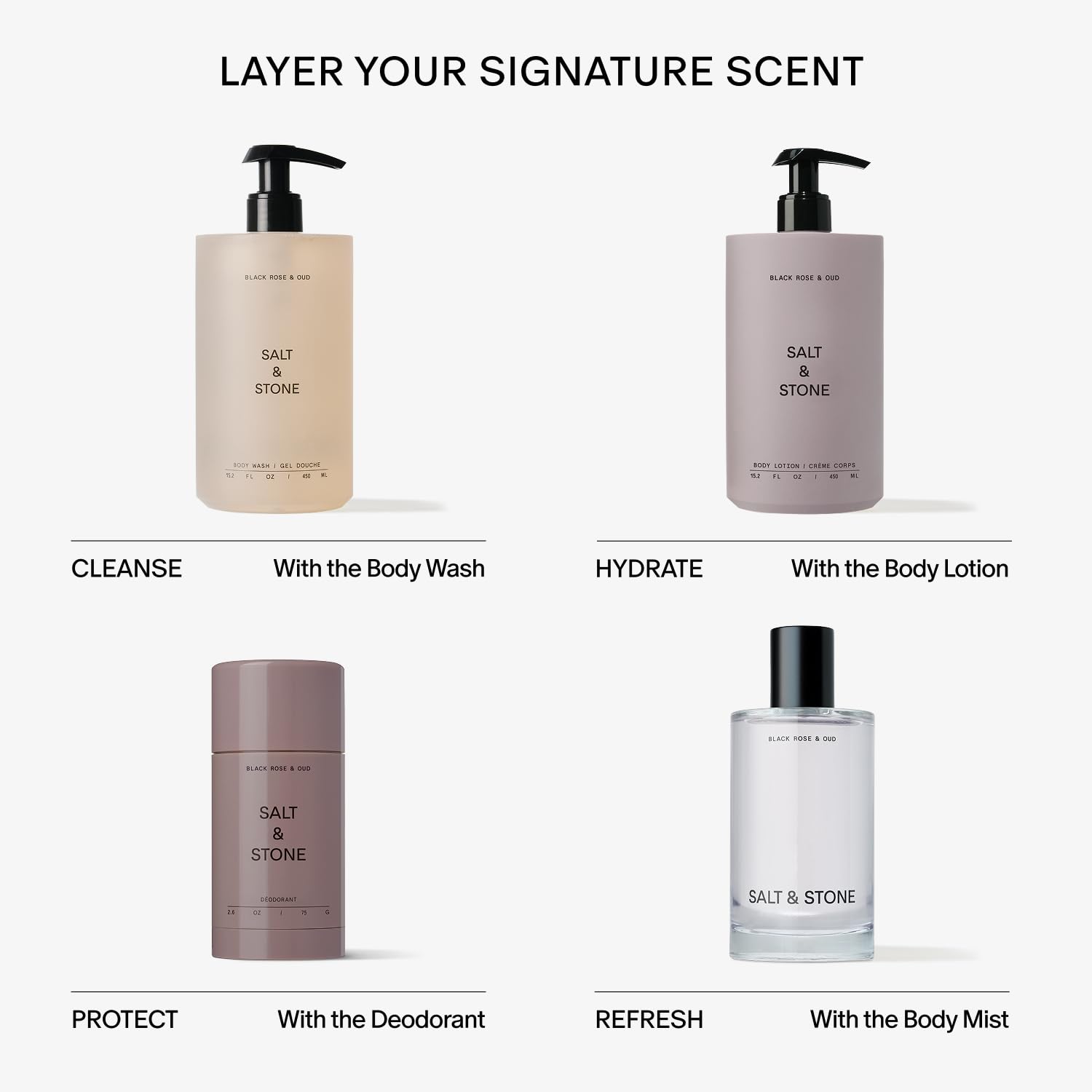 Salt & Stone bottle beside soft towels evokes a spa-like daily ritual.