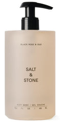 Salt & Stone Black Rose & Oud bottle on a bathroom shelf delivering a hydrating cleanse.