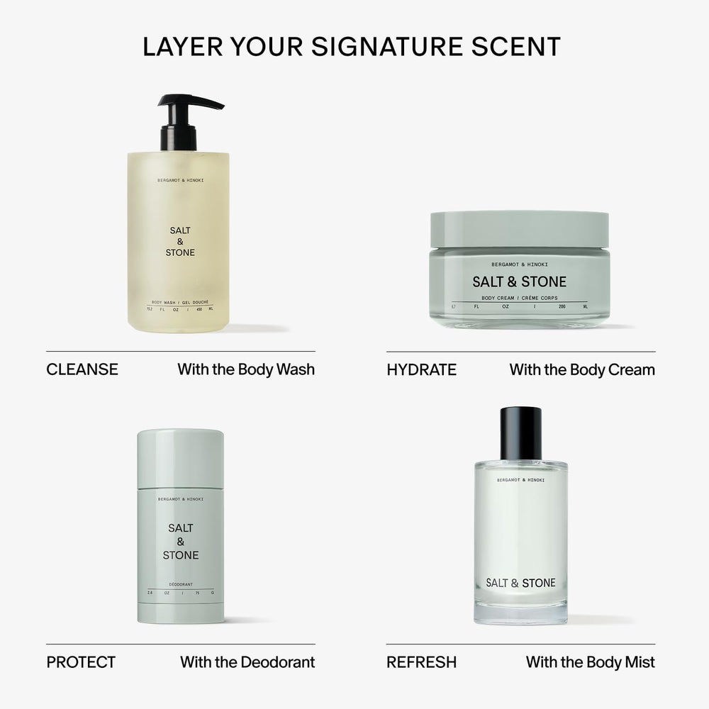 Salt & Stone 6.7 oz bottle on vanity ready for daily routine.