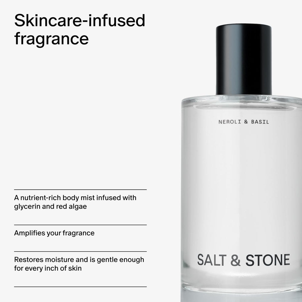 Salt & Stone Body Mist bottle with basil leaves, emphasizing natural ingredients and herbal aroma.