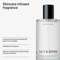 Salt & Stone Body Mist bottle with basil leaves, emphasizing natural ingredients and herbal aroma.