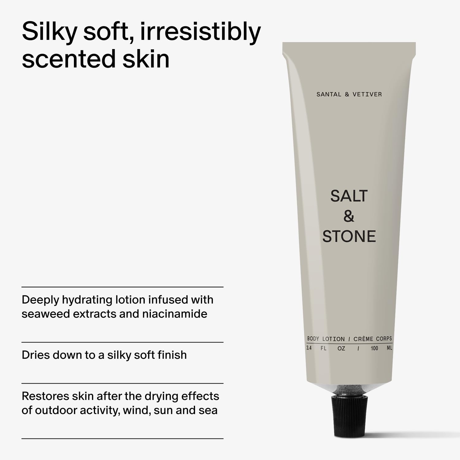 Salt & Stone Santal & Vetiver cap close-up signals premium packaging.