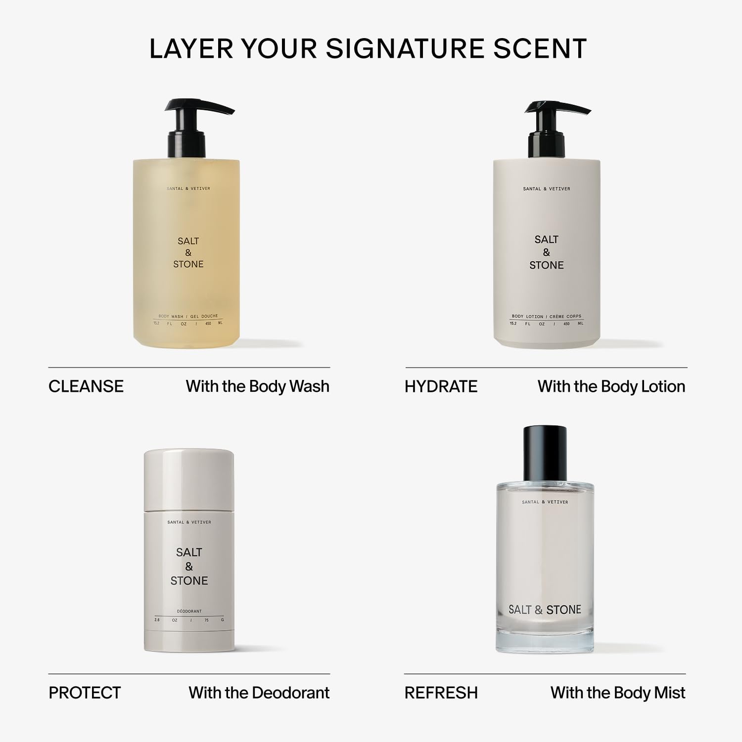 Salt & Stone Santal & Vetiver warm woody aroma enhances shower ritual.