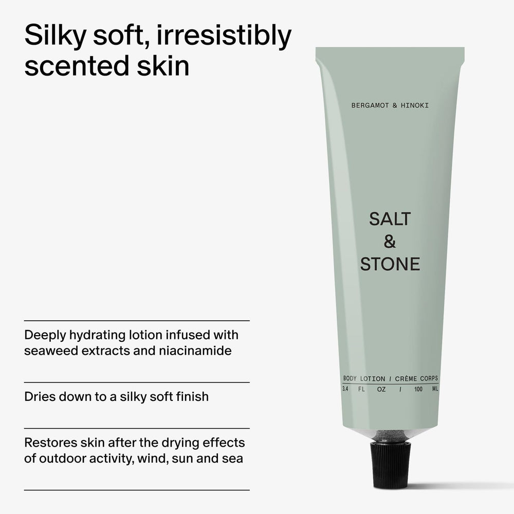 Salt & Stone bergamot hinoki application promotes soothing, unisex care.