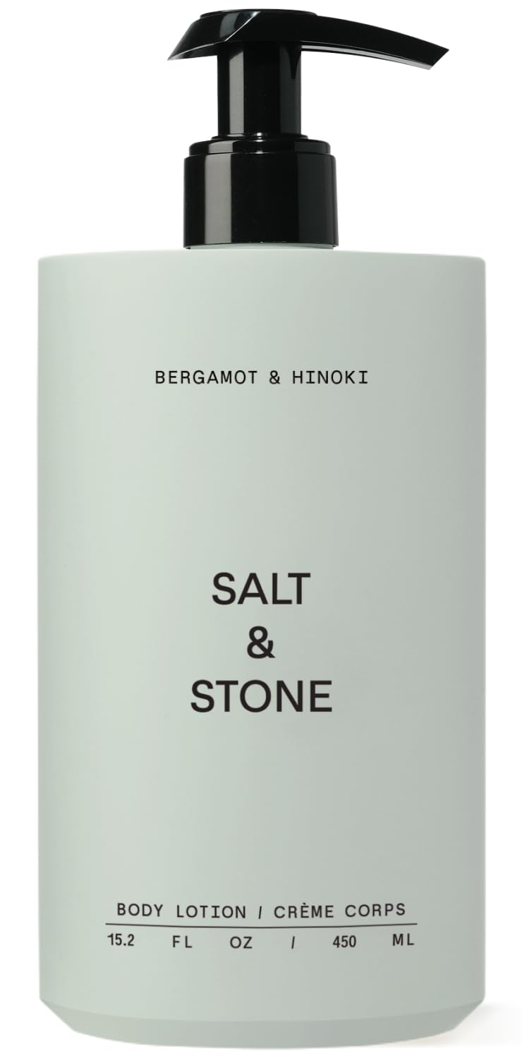 Salt & Stone body lotion bottle with Bergamot & Hinoki for daily hydration.