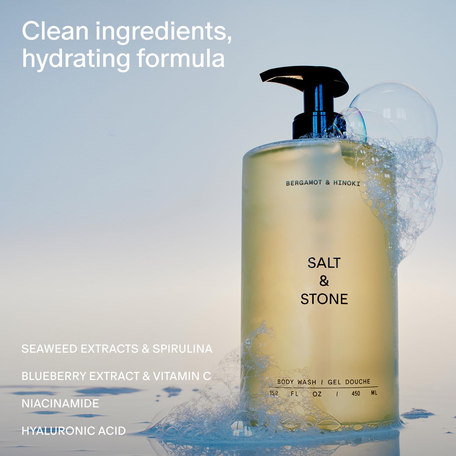 Salt & Stone Bergamot & Hinoki label close-up, vegan, cruelty-free formula at a glance.