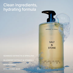 Salt & Stone Bergamot & Hinoki label close-up, vegan, cruelty-free formula at a glance.
