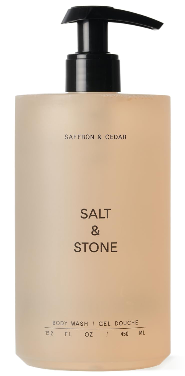 Salt & Stone body wash bottle showcasing antioxidant-rich formula for deep moisture.