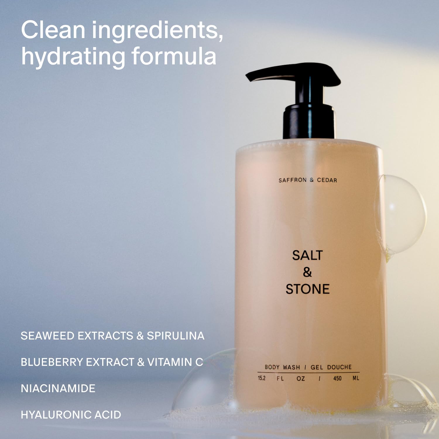 Salt & Stone body wash lather close-up delivering rich, hydrating bubbles without drying skin.