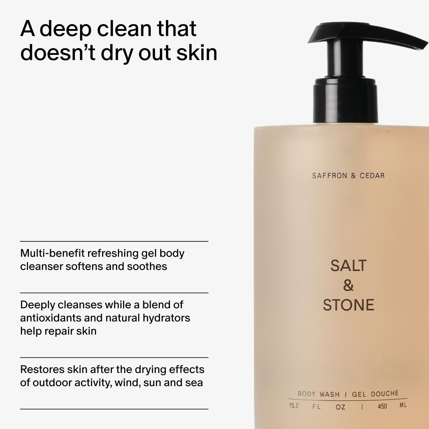 Salt & Stone saffron cedar scent evokes coastal mountains during shower.