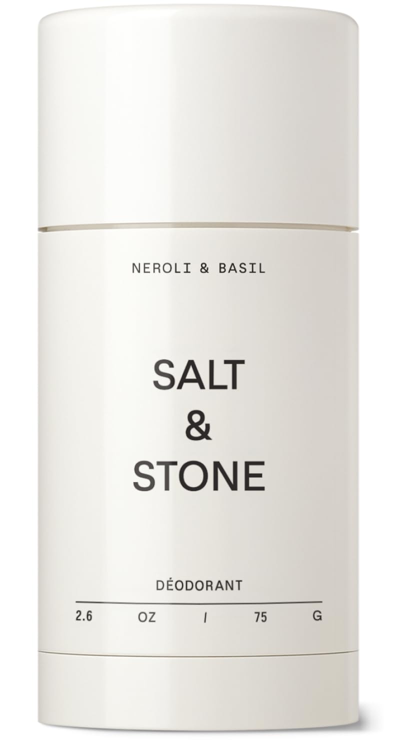 Salt & Stone deodorant bottle front with Neroli & Basil for all-day freshness.