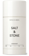 Salt & Stone deodorant bottle front with Neroli & Basil for all-day freshness.