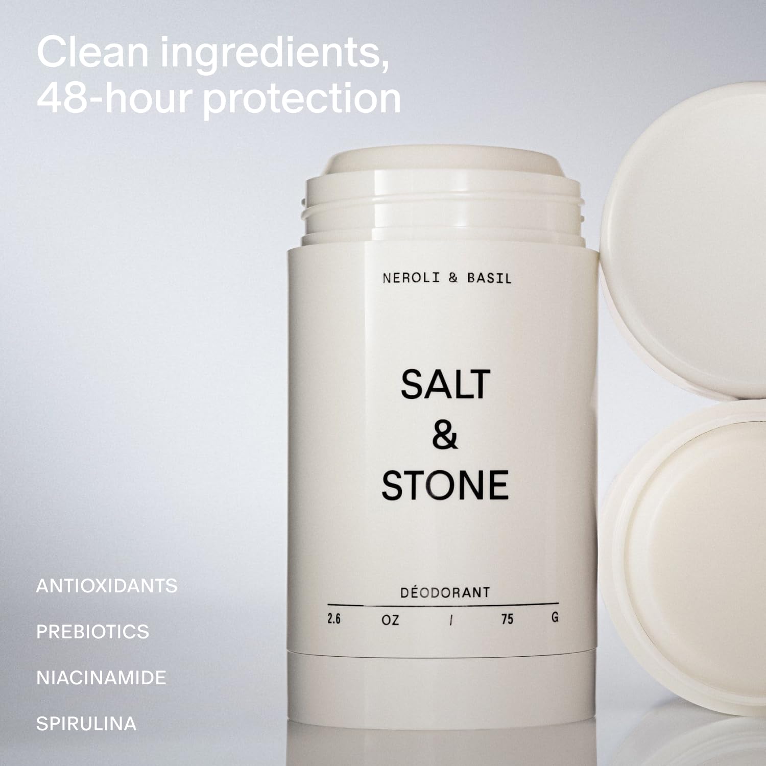 Salt & Stone deodorant label close-up showing aluminum-free vegan formula.