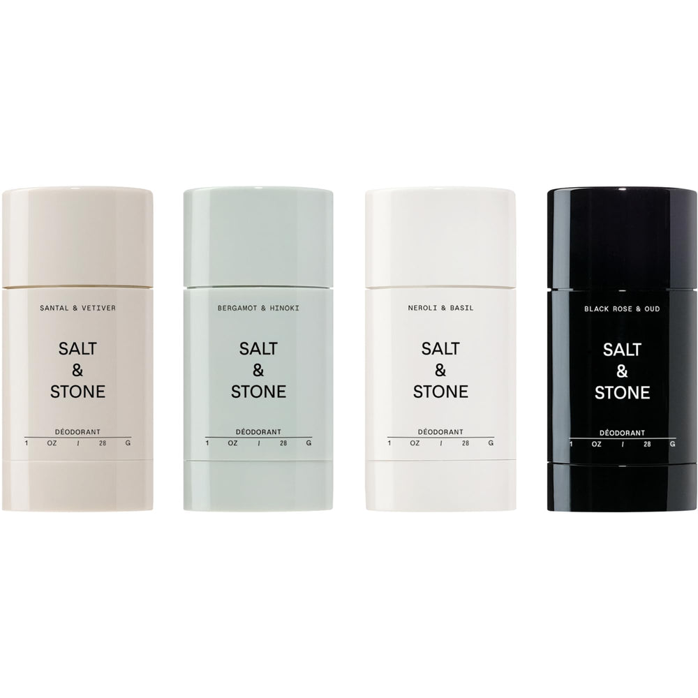 Salt & Stone mini discovery box with four aluminum-free deodorant scents for on-the-go protection.