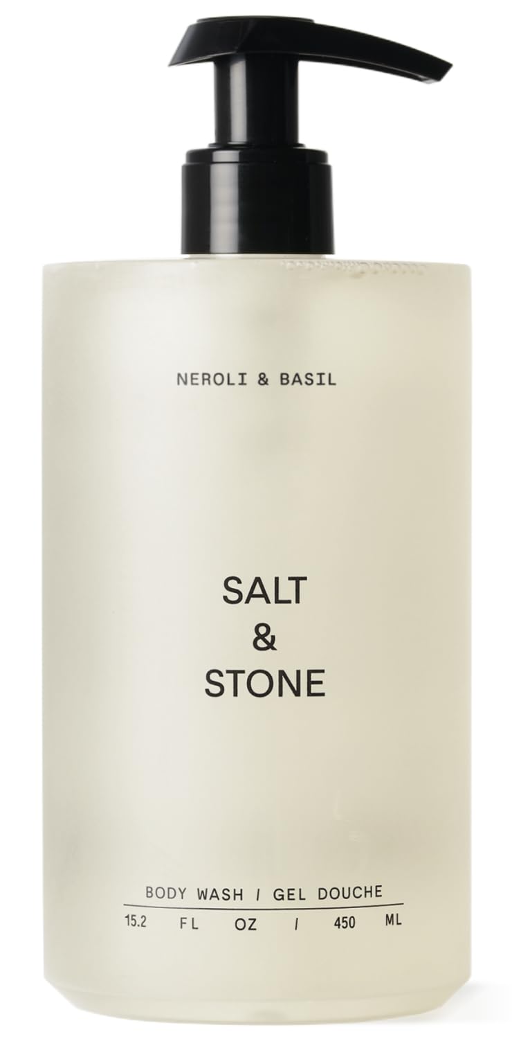 Salt & Stone Neroli Basil body wash bottle pour delivers a refreshing, hydrating cleanse.