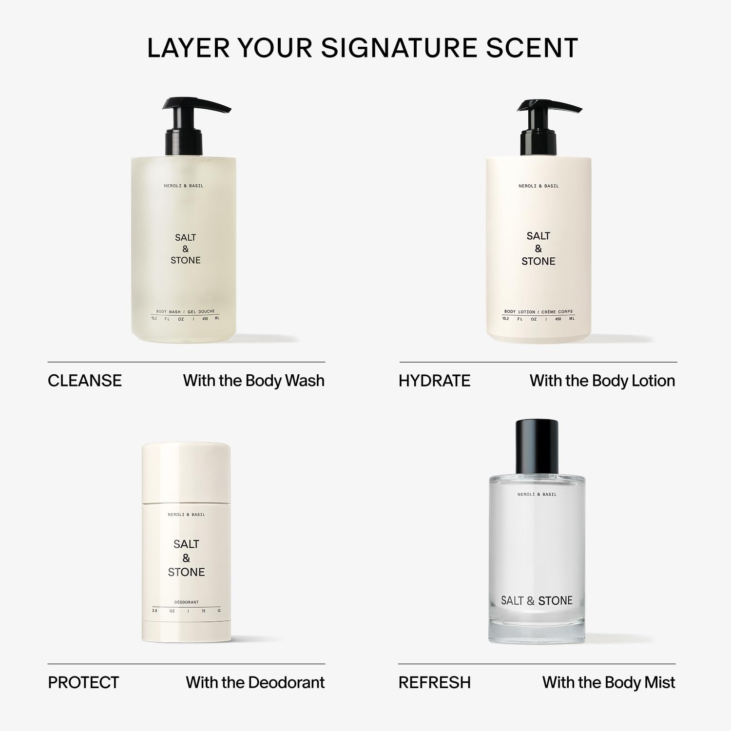 Salt & Stone Neroli Basil bottle in a bright shower scene for daily use.