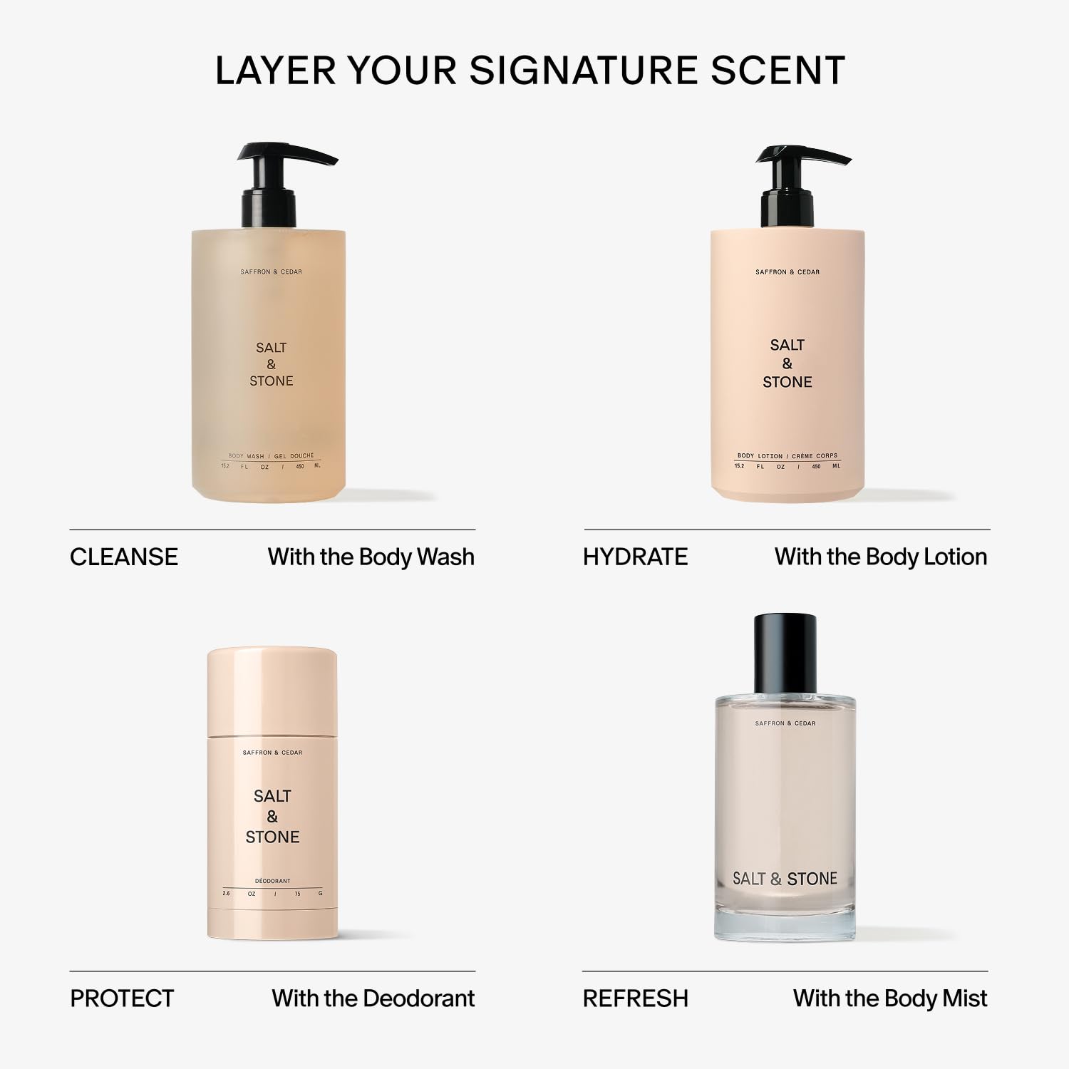 Salt & Stone saffron cedar scent evokes warm spa-like ambiance.